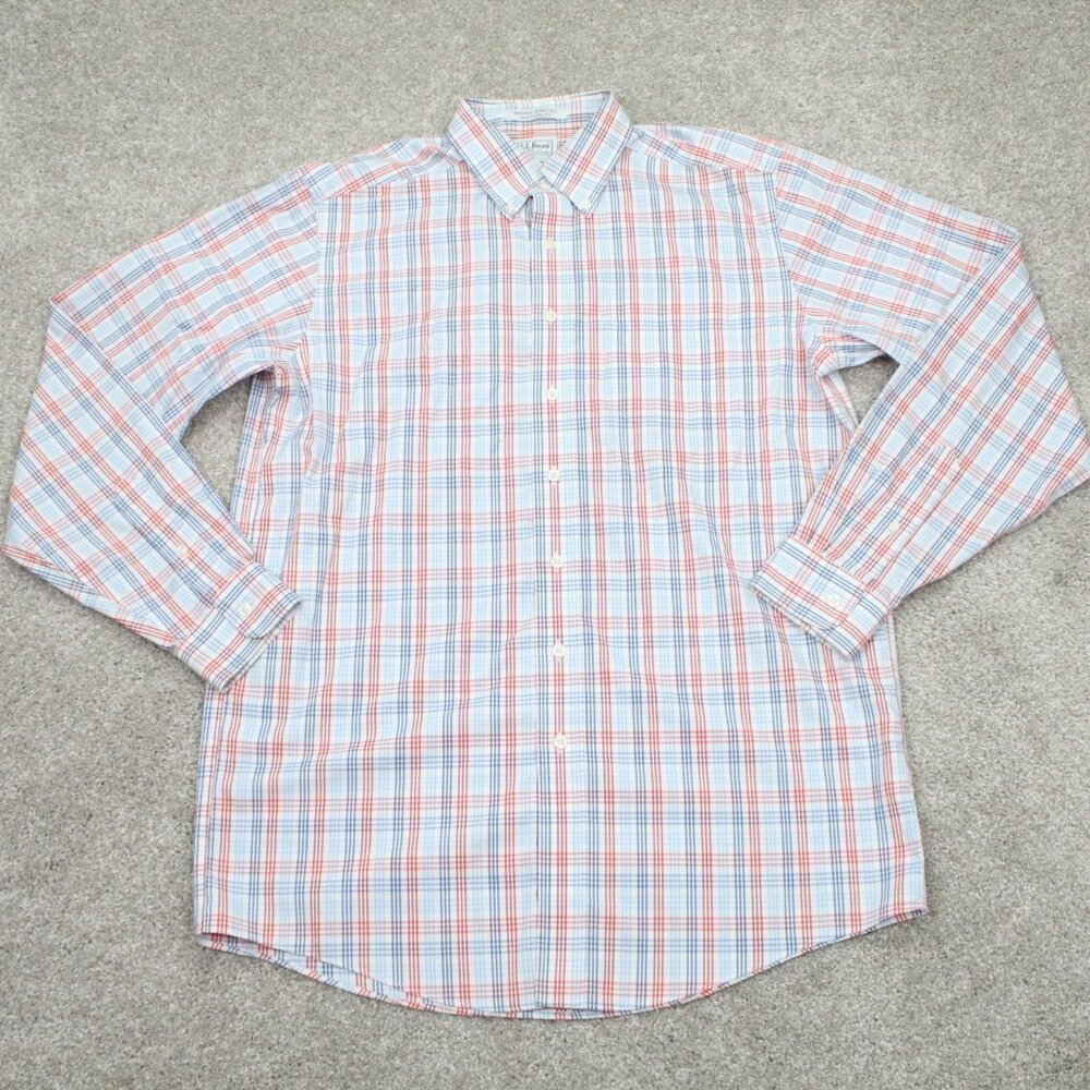LL Bean Shirt Mens 15 1/2, 36 Red/Blue Wrinkle Resistant Traditional Fit L/S